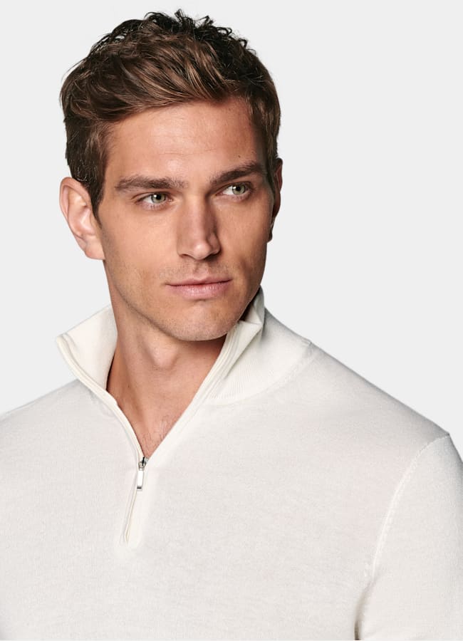 SUITSUPPLY Silk, Wool, Cashmere Off-White Half Zip