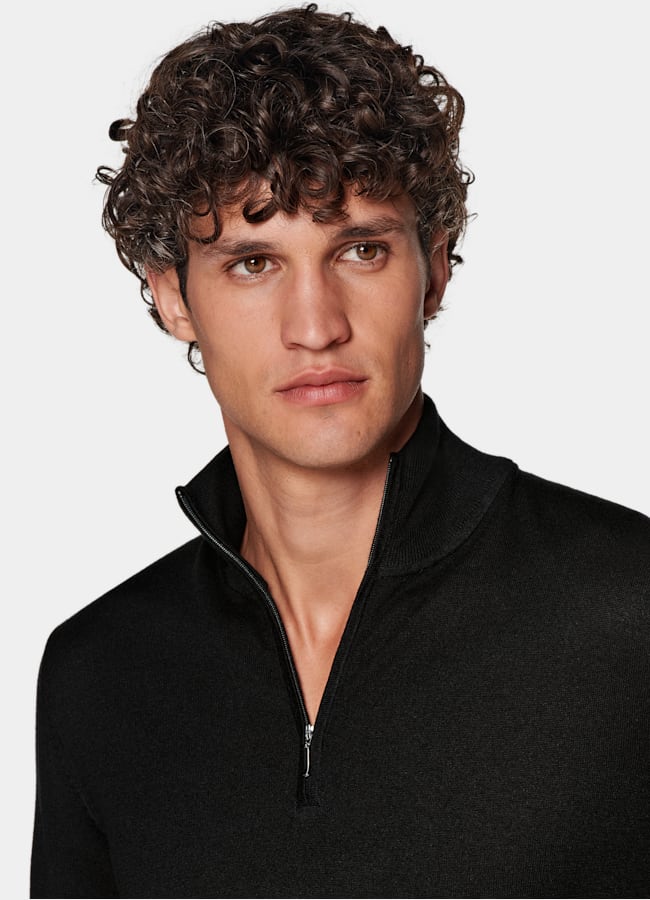 SUITSUPPLY Silk, Wool, Cashmere Black Half Zip