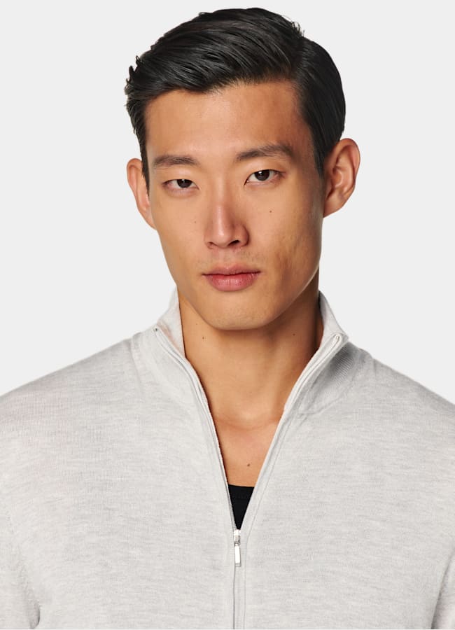 SUITSUPPLY Silk Wool Cashmere Light Grey Zip Cardigan