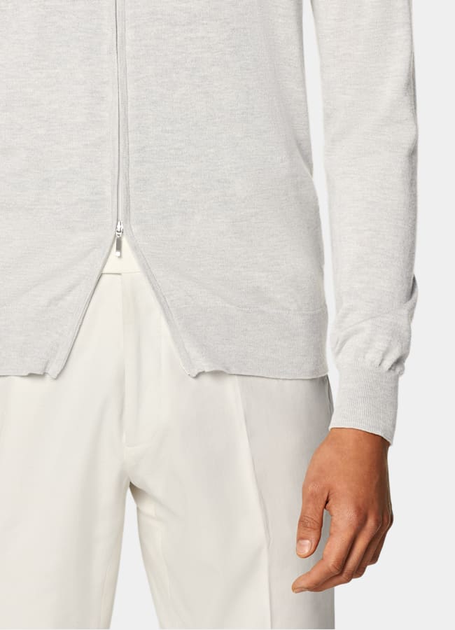SUITSUPPLY Silk Wool Cashmere Light Grey Zip Cardigan