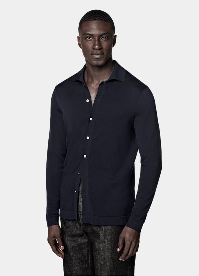 SUITSUPPLY Cotton Silk Navy Long Sleeve Polo Cardigan