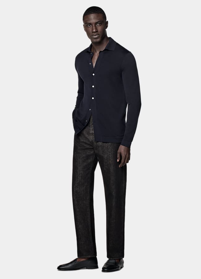 SUITSUPPLY Cotton Silk Navy Long Sleeve Polo Cardigan