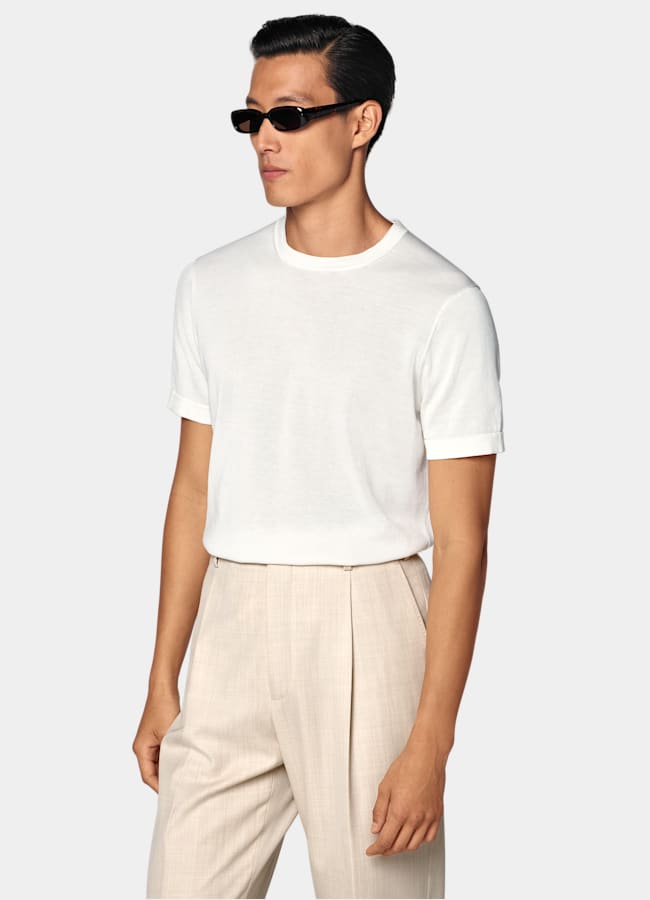 SUITSUPPLY Cotton Silk Off-White Short Sleeve Crewneck
