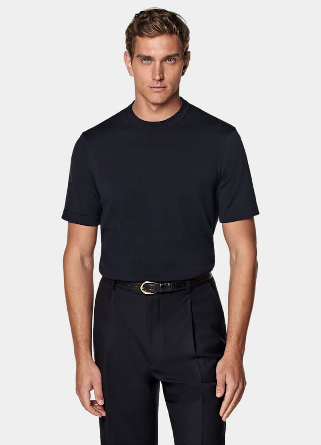 SUITSUPPLY Cotton Silk Navy Short Sleeve Crewneck