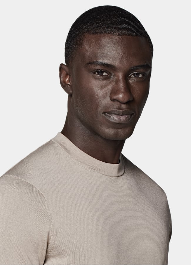 SUITSUPPLY Californian Cotton & Mulberry Silk Light Taupe Short Sleeve Crewneck