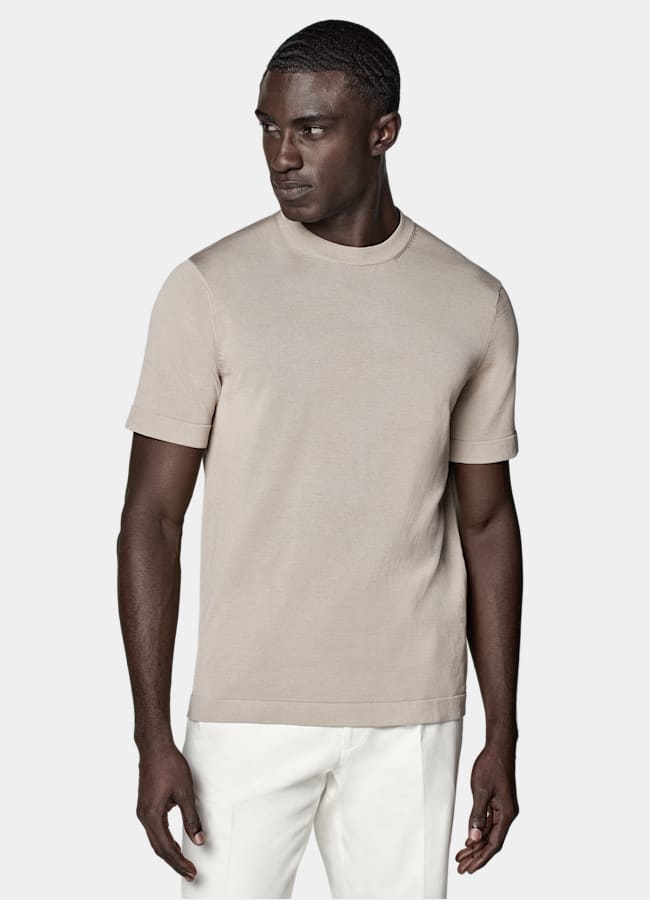 SUITSUPPLY Californian Cotton & Mulberry Silk Light Taupe Short Sleeve Crewneck