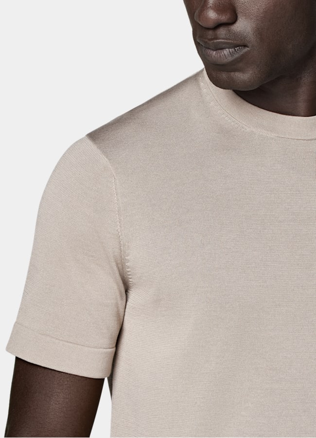 SUITSUPPLY Californian Cotton & Mulberry Silk Light Taupe Short Sleeve Crewneck