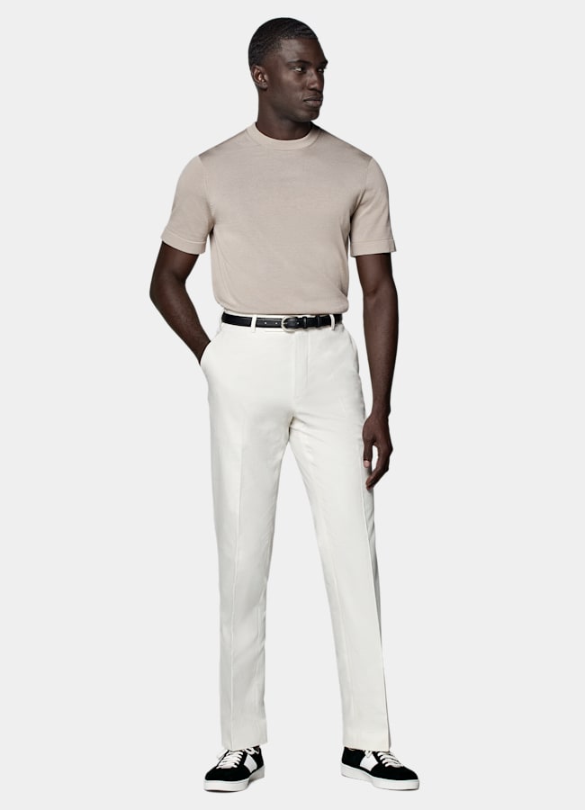 SUITSUPPLY Californian Cotton & Mulberry Silk Light Taupe Short Sleeve Crewneck