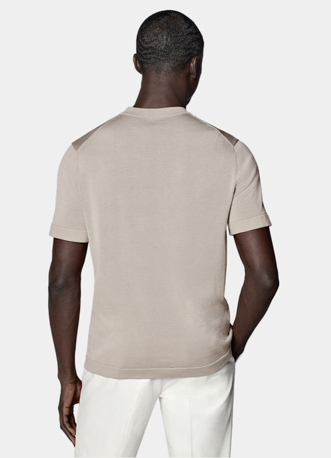 SUITSUPPLY Californian Cotton & Mulberry Silk Light Taupe Short Sleeve Crewneck