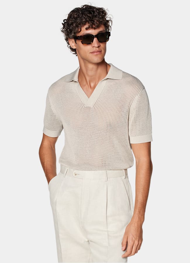 SUITSUPPLY Kalifornische Baumwolle und Maulbeerseide Poloshirt sand knopffrei Crochet