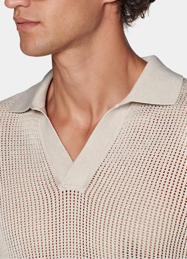 SUITSUPPLY Kalifornische Baumwolle und Maulbeerseide Poloshirt sand knopffrei Crochet
