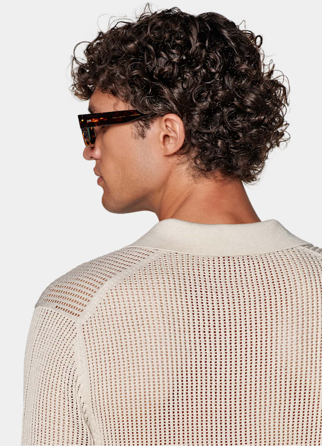 SUITSUPPLY Kalifornische Baumwolle und Maulbeerseide Poloshirt sand knopffrei Crochet