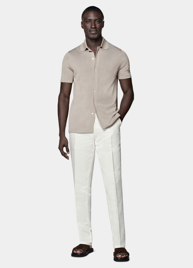 SUITSUPPLY Californian Cotton & Mulberry Silk Light Taupe Polo Cardigan