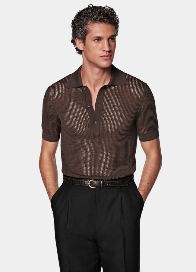 SUITSUPPLY Cotone e seta Maglietta polo marrone in crochet