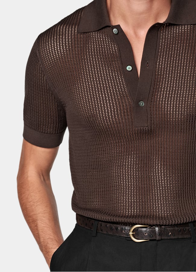SUITSUPPLY Cotone e seta Maglietta polo marrone in crochet