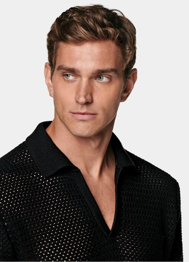 SUITSUPPLY Pure Cotton Black Crochet Buttonless Polo