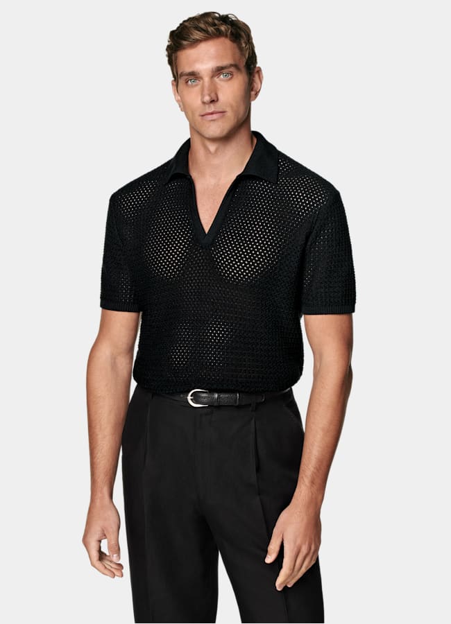 SUITSUPPLY Pure Cotton Black Crochet Buttonless Polo