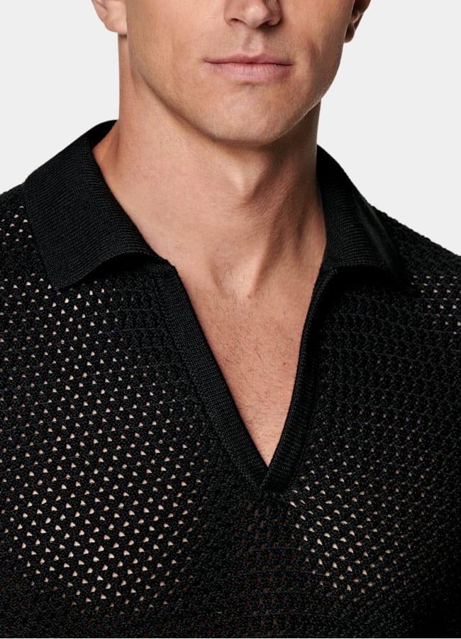 SUITSUPPLY Pure Cotton Black Crochet Buttonless Polo