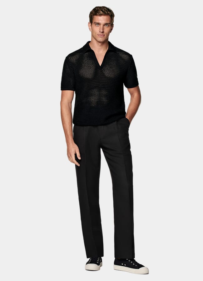 SUITSUPPLY Pure Cotton Black Crochet Buttonless Polo