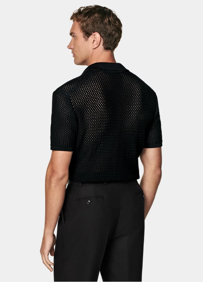 SUITSUPPLY Pure Cotton Black Crochet Buttonless Polo