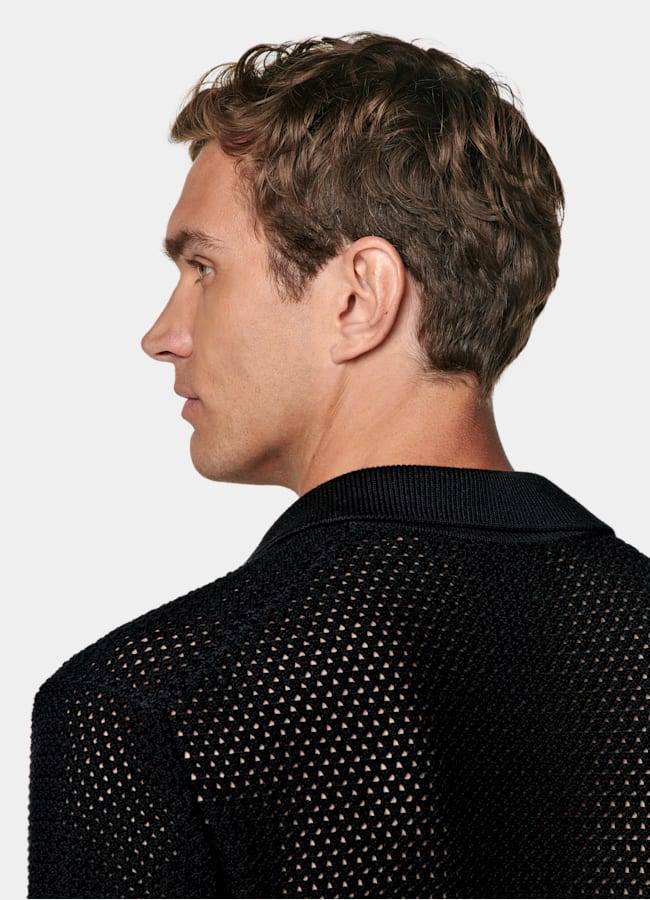 SUITSUPPLY Pure Cotton Black Crochet Buttonless Polo