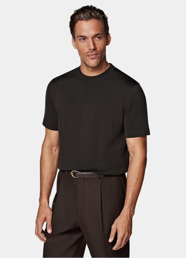 SUITSUPPLY Cotton Silk Dark Brown Short Sleeve Crewneck