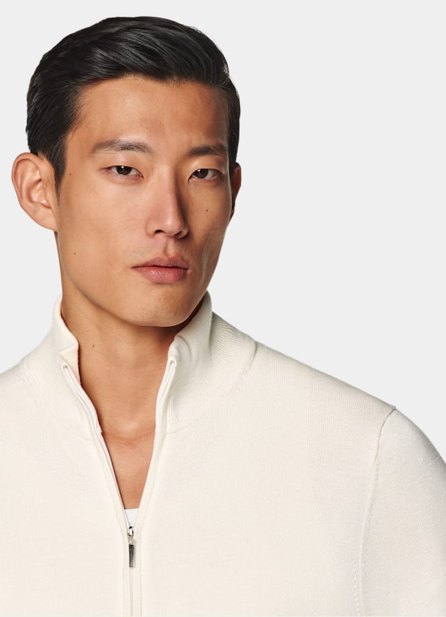 SUITSUPPLY Silk Wool Cashmere Off-White Zip Cardigan