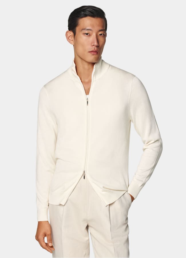 SUITSUPPLY Silk Wool Cashmere Off-White Zip Cardigan