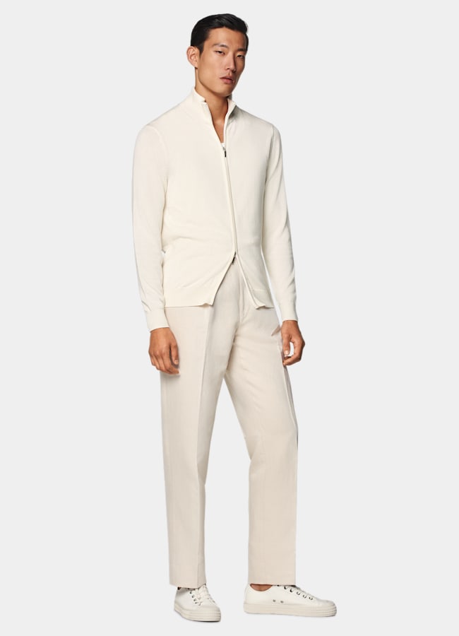 SUITSUPPLY Silk Wool Cashmere Off-White Zip Cardigan