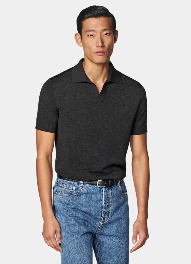 SUITSUPPLY Cotton Silk Dark Grey Buttonless Polo