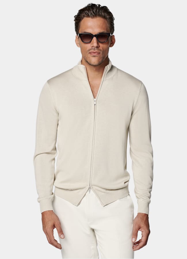 SUITSUPPLY Silk Wool Cashmere Sand Zip Cardigan