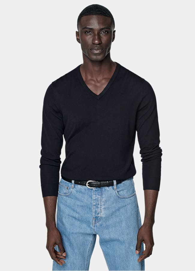 SUITSUPPLY Pure Wool Navy Merino V-Neck