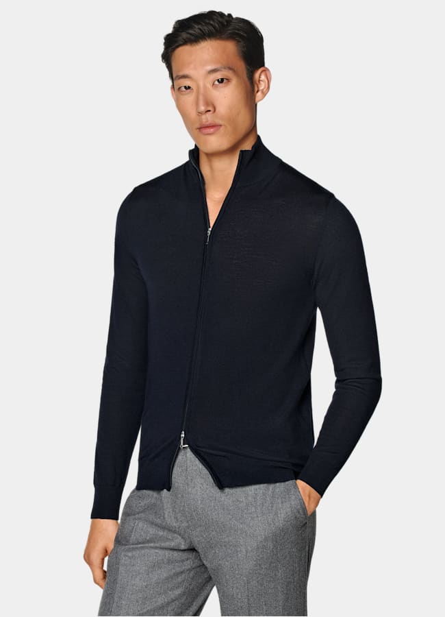 SUITSUPPLY Pura lana Cardigan navy Merino con zip