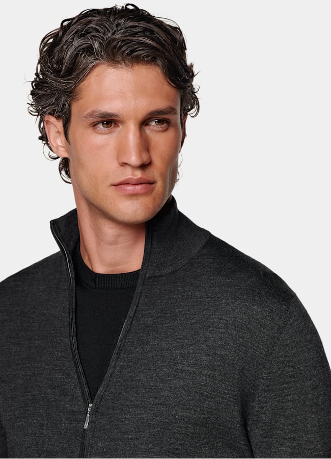 SUITSUPPLY Pure Wool Dark Grey Merino Zip Cardigan