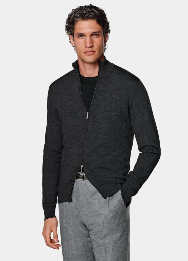 SUITSUPPLY Pure Wool Dark Grey Merino Zip Cardigan