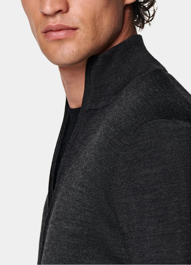 SUITSUPPLY Pure Wool Dark Grey Merino Zip Cardigan