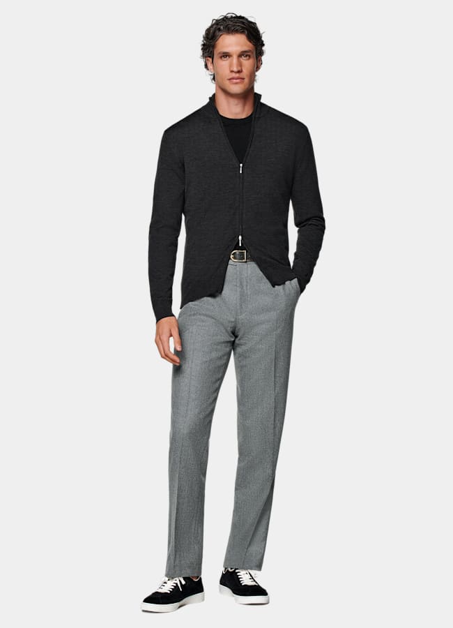 SUITSUPPLY Pure Wool Dark Grey Merino Zip Cardigan