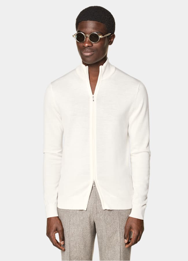 SUITSUPPLY Pure Wool Off-White Merino Zip Cardigan