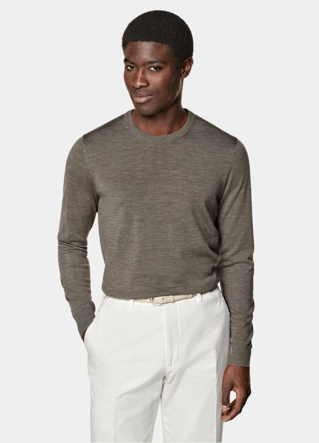 SUITSUPPLY Silk Wool Cashmere Taupe Crewneck