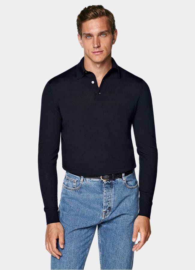 SUITSUPPLY Reine Schurwolle Merino Poloshirt Langarm navy