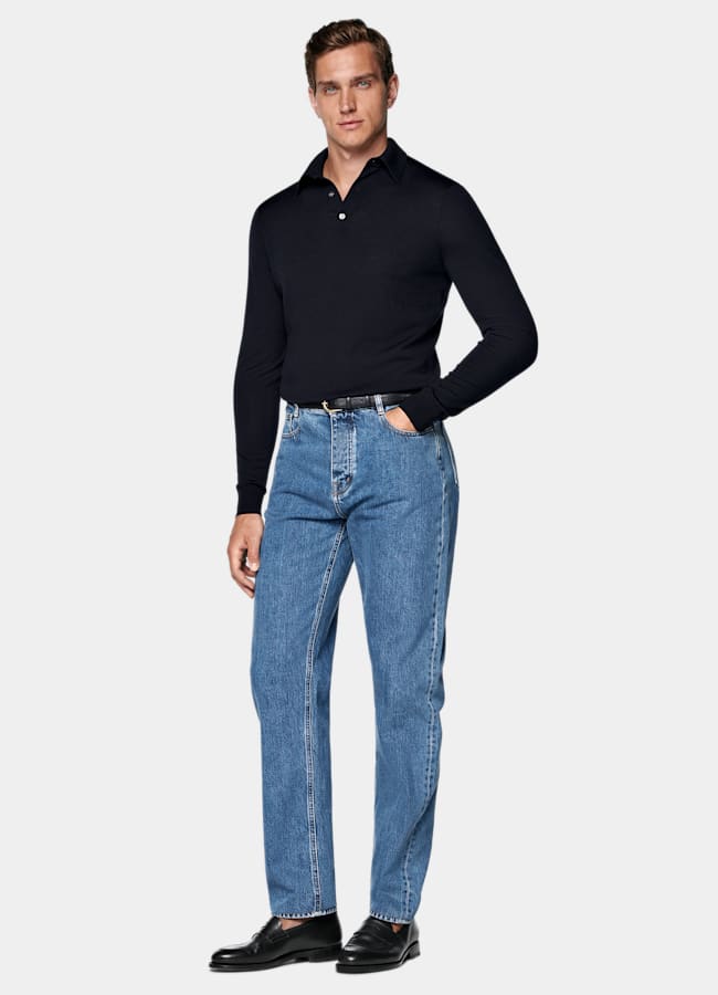 SUITSUPPLY Reine Schurwolle Merino Poloshirt Langarm navy