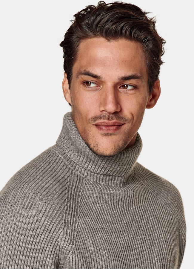SUITSUPPLY Wool Cashmere Taupe Ribbed Turtleneck