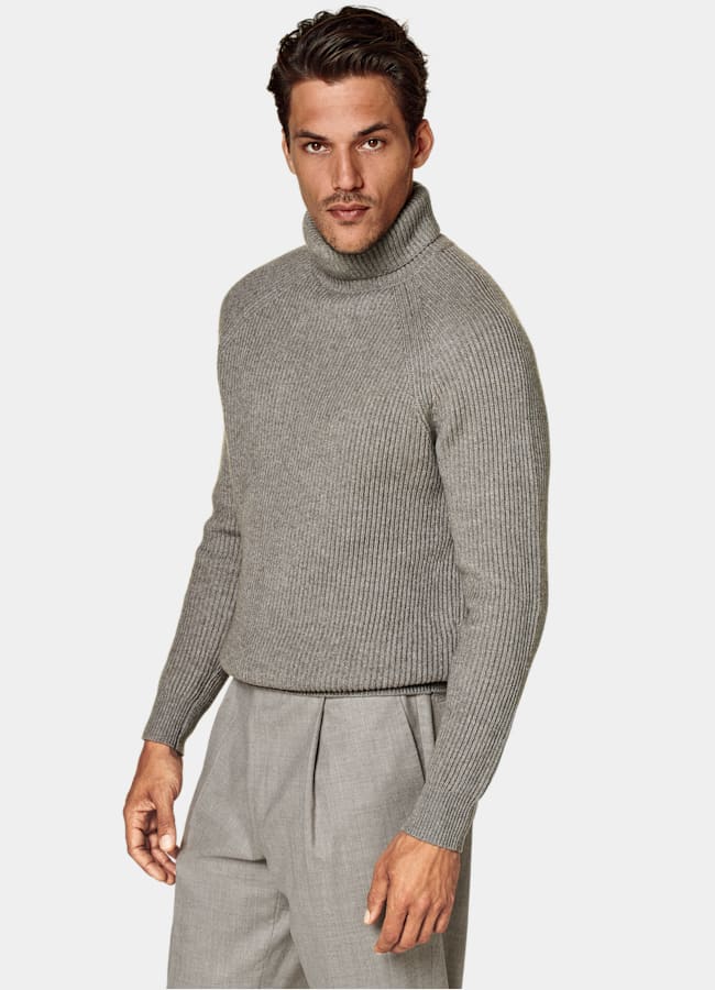 SUITSUPPLY Wool Cashmere Taupe Ribbed Turtleneck