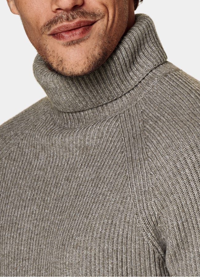 SUITSUPPLY Wool Cashmere Taupe Ribbed Turtleneck