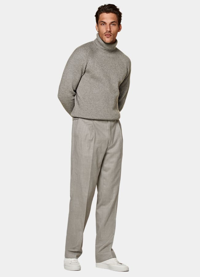 SUITSUPPLY Wool Cashmere Taupe Ribbed Turtleneck