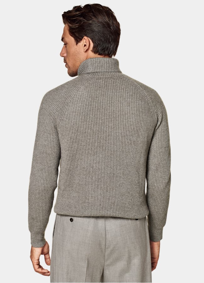 SUITSUPPLY Wool Cashmere Taupe Ribbed Turtleneck