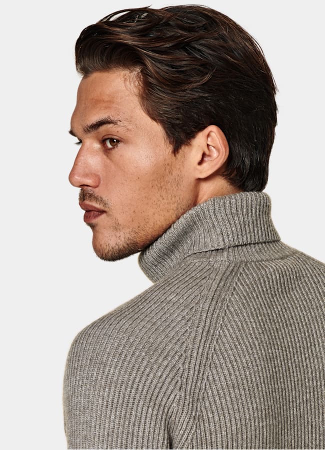 SUITSUPPLY Wool Cashmere Taupe Ribbed Turtleneck