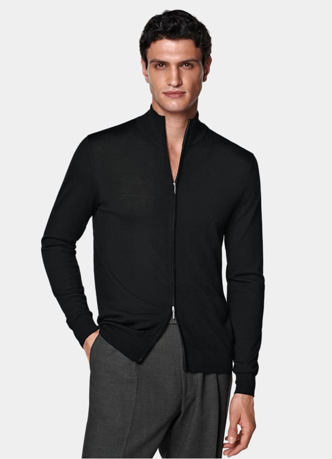 SUITSUPPLY Pure Wool Black Merino Zip Cardigan