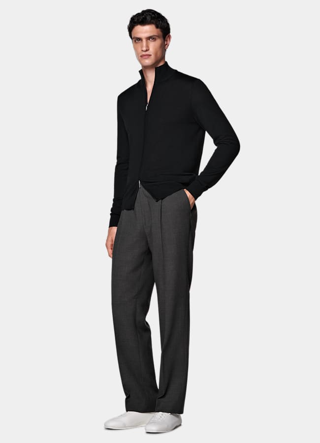 SUITSUPPLY Pure Wool Black Merino Zip Cardigan