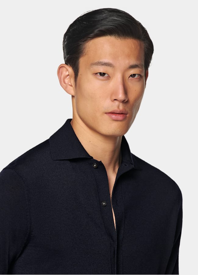 SUITSUPPLY Pure Wool Navy Merino Long Sleeve Polo Cardigan